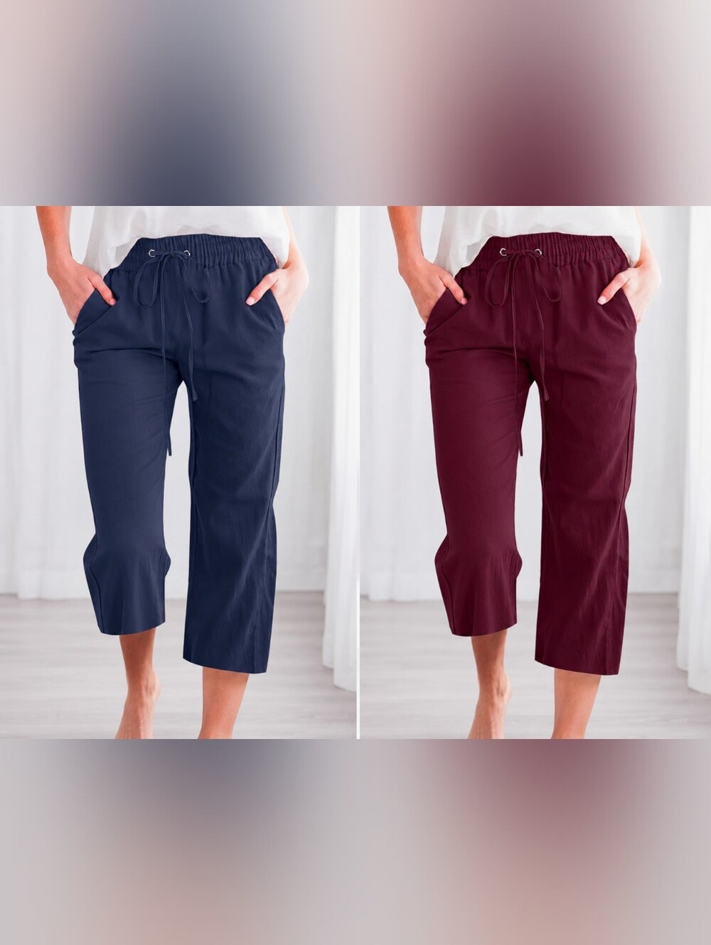 Women’s Drawstring Crop Pants in Wine and Blue